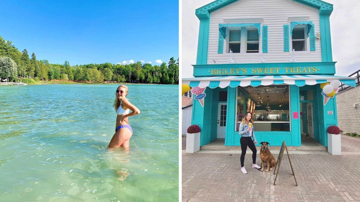A person standing in a blue lake. Right: A person standing in front of an ice cream parlour.