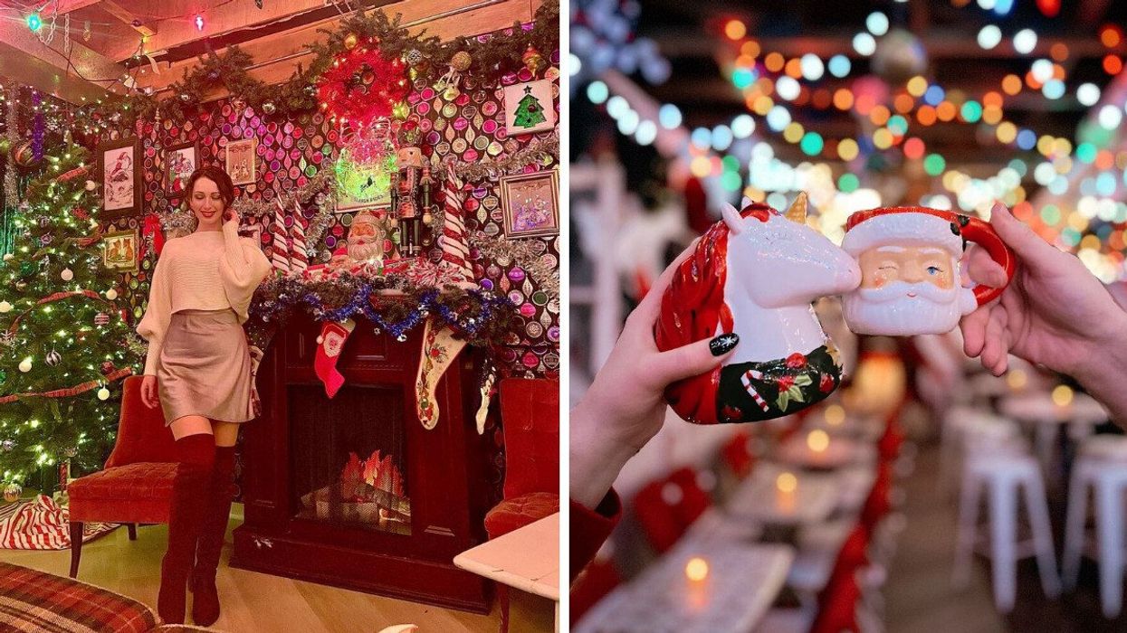 A person standing in a Christmas-themed room. Right: Two hands holding festive mugs.