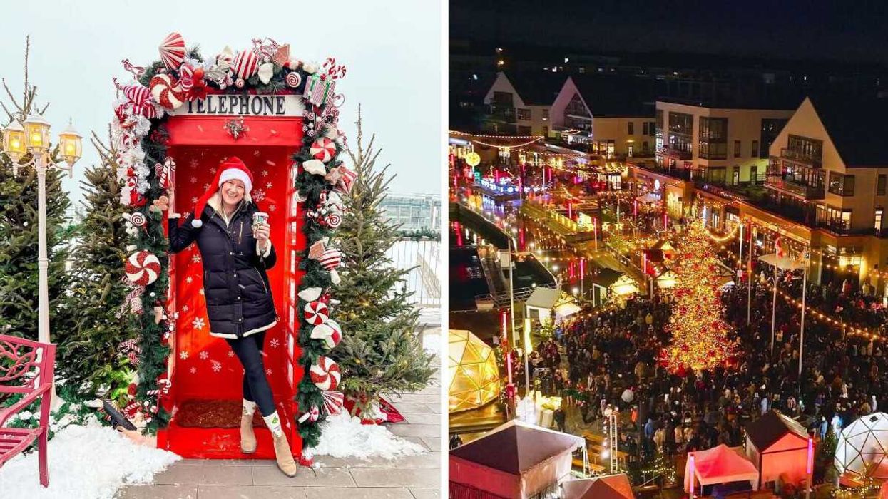 A person standing in a Christmas-themed telephone booth. Right: A Christmas market in a harbour.