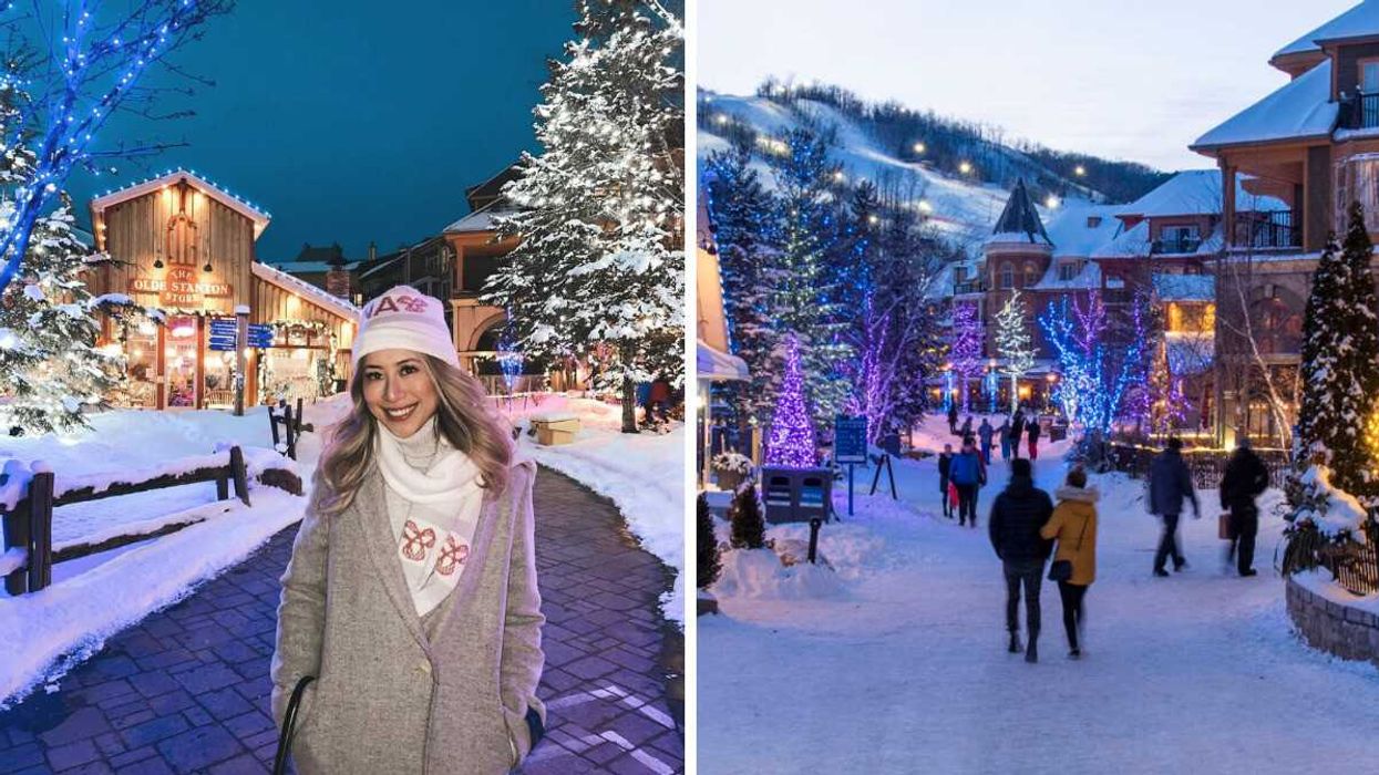 A person standing in a Christmas village. Right: A Christmas village.
