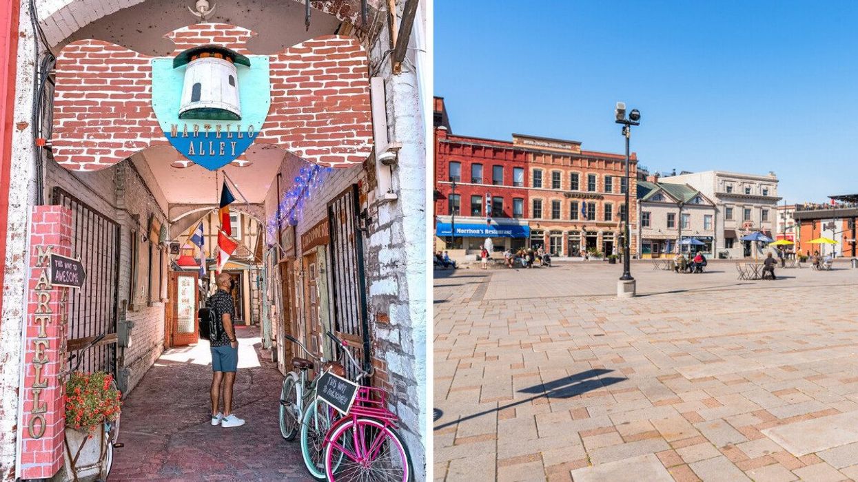 A person standing in a colourful alleyway. Right: A historic town square.