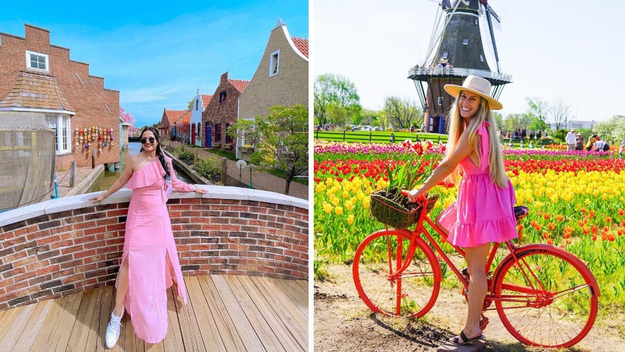 A person standing in a Dutch village. Right: A person on a bike by a tulip field.