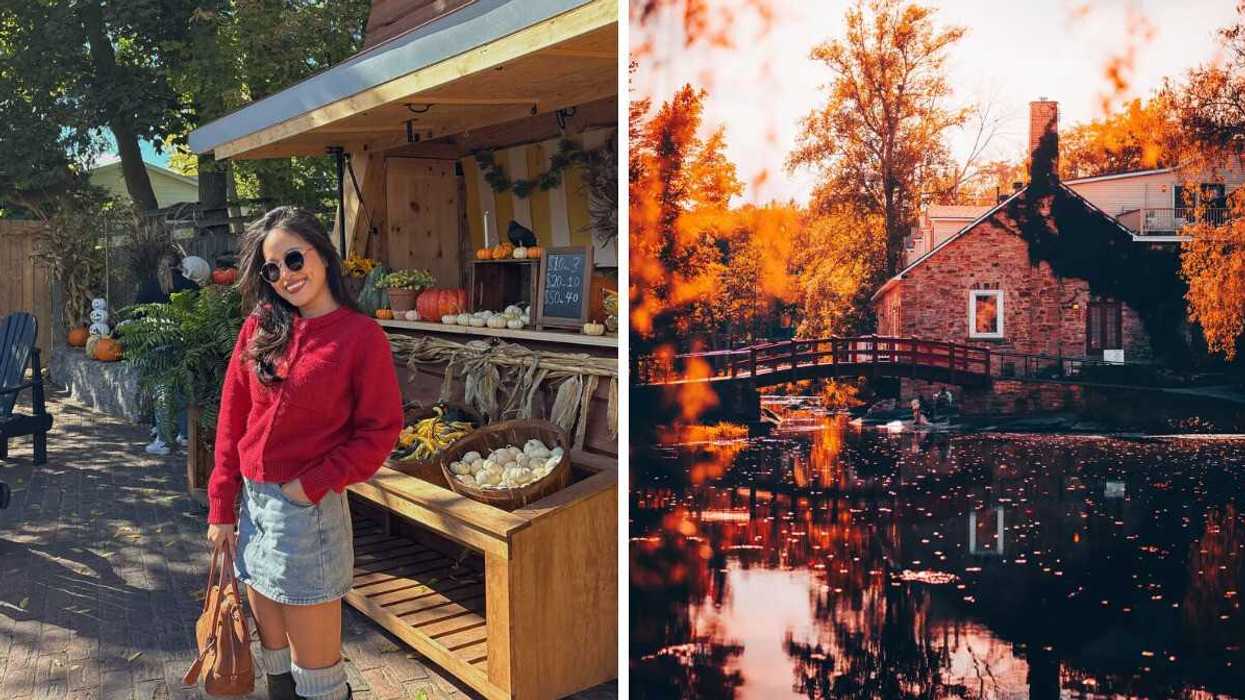 A person standing in a fall market. Right: A river with a bridge during the fall.