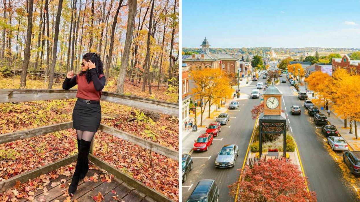A person standing in a forest. Right: A small town during the fall.