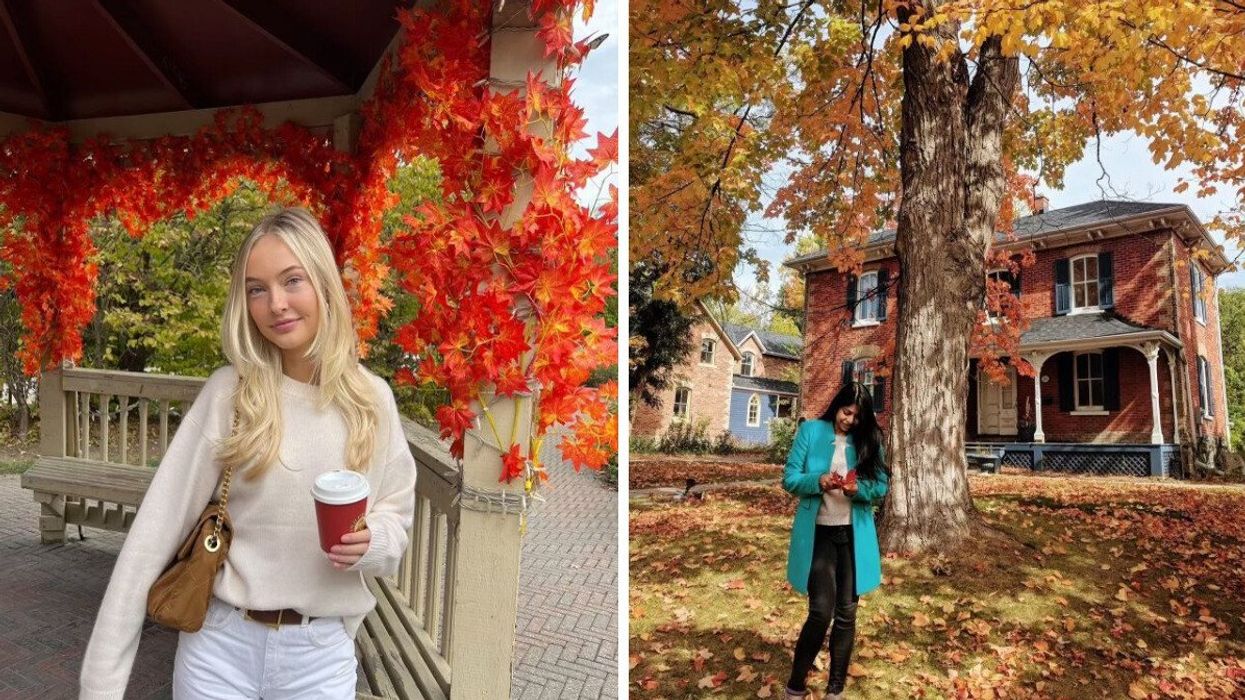 A person standing in a gazebo. Right: A person standing in front of a house during the fall.