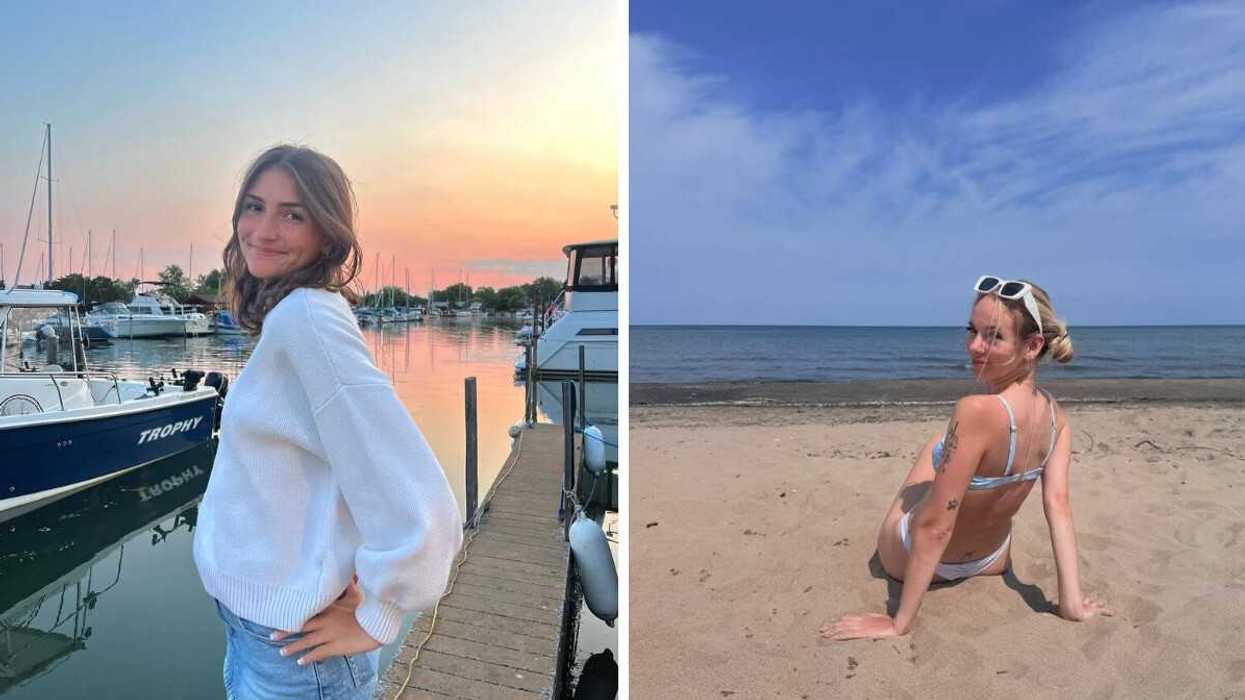 A person standing in a harbour. Right: A person on a beach.