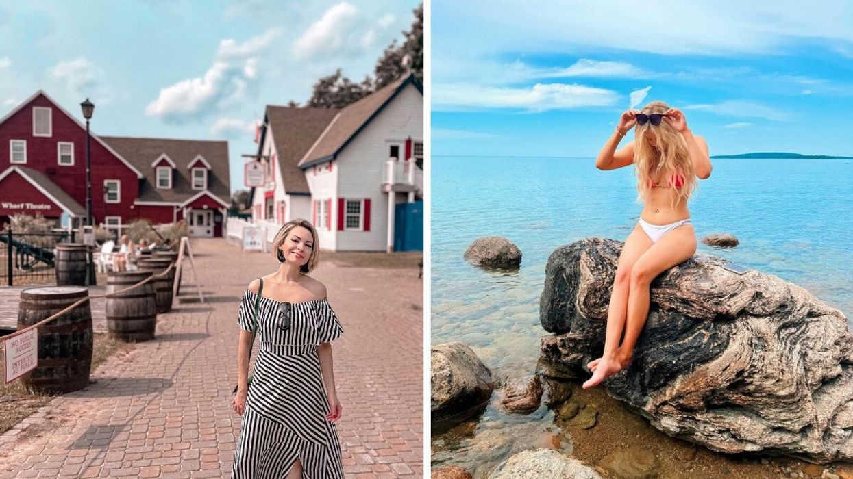 A person standing in a historic village. Right: A person sitting on a rock in the water.