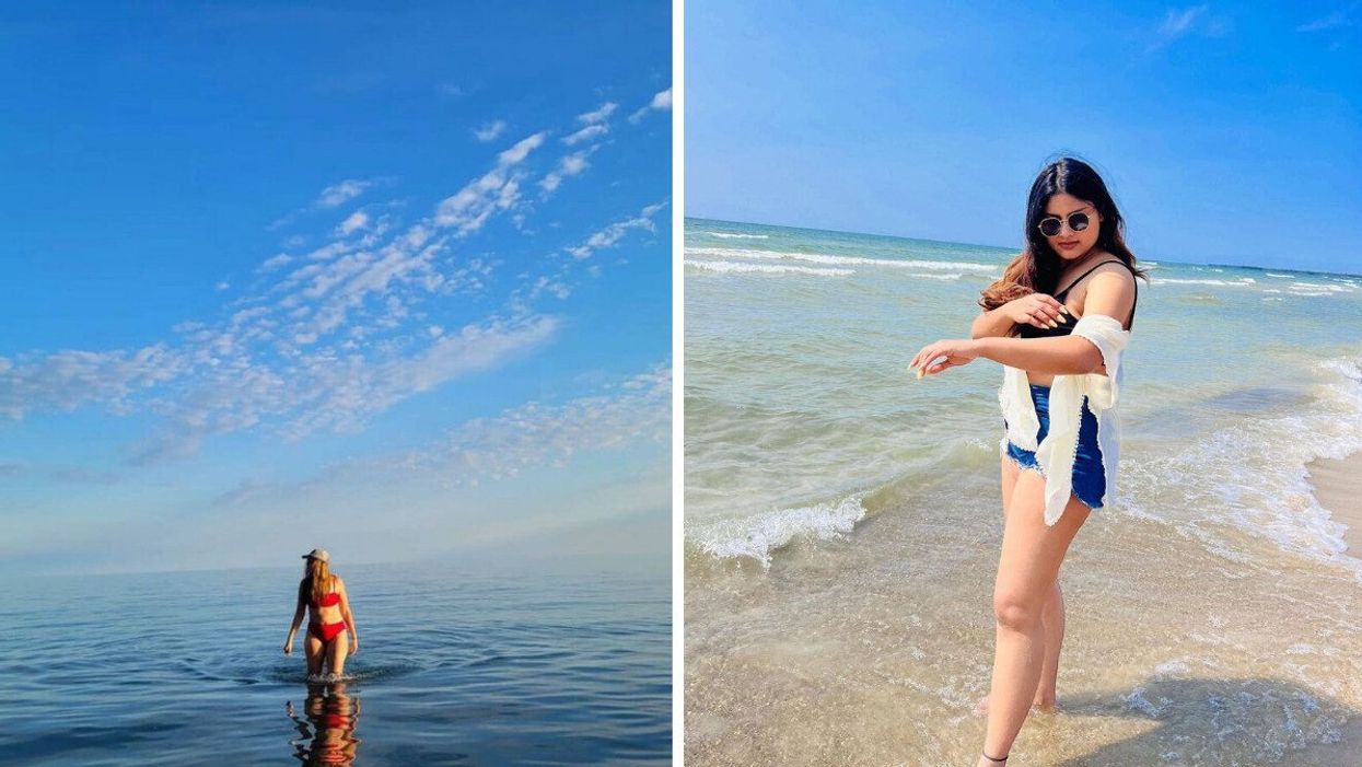A person standing in a lake. Right: A person on a beach.