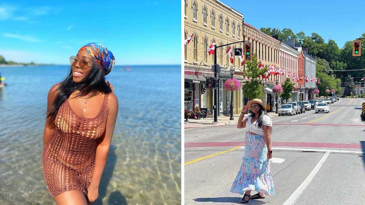 A person standing in a lake. Right: A person standing on a street.