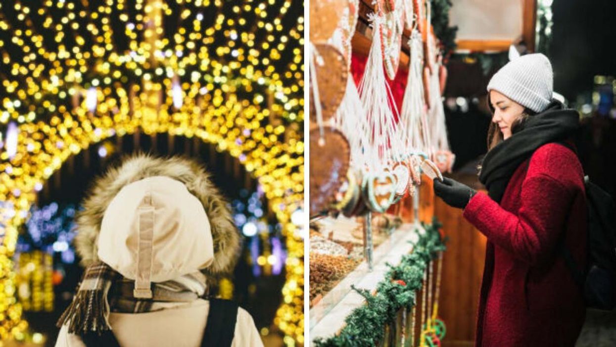 A person standing in a light tunnel. Right: A woman browsing at a Christmas market.