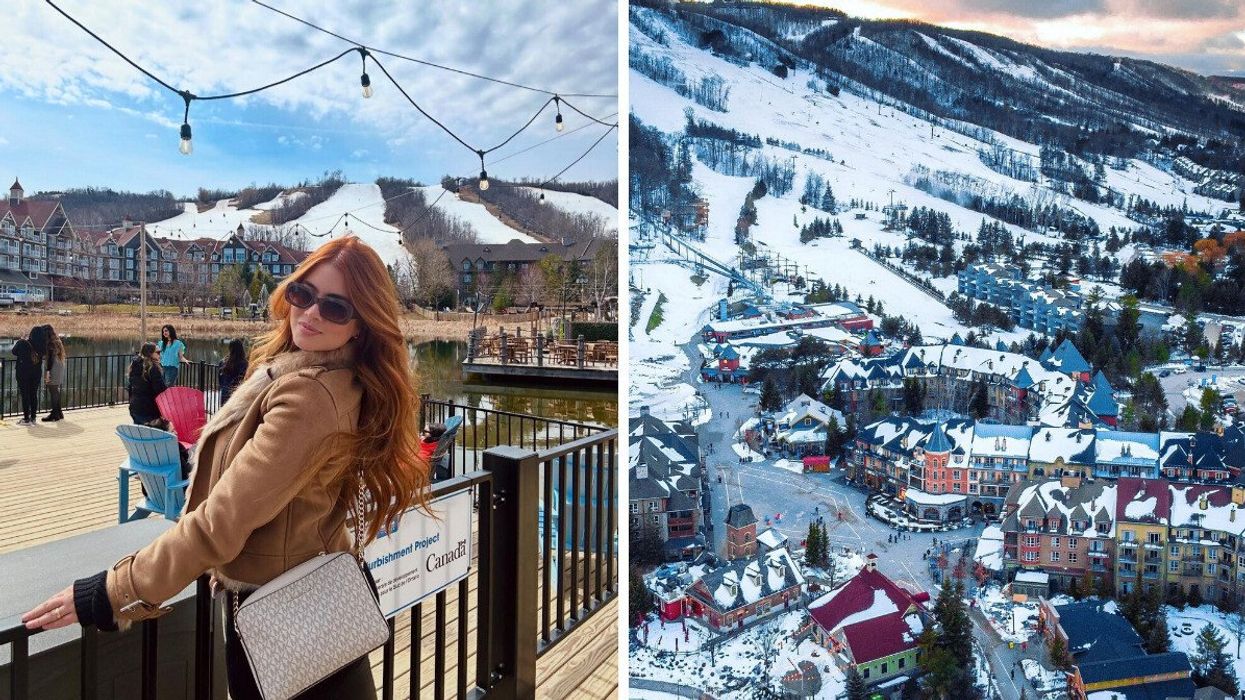 A person standing in a mountainside village. Right: An aerial view of a village in the winter.