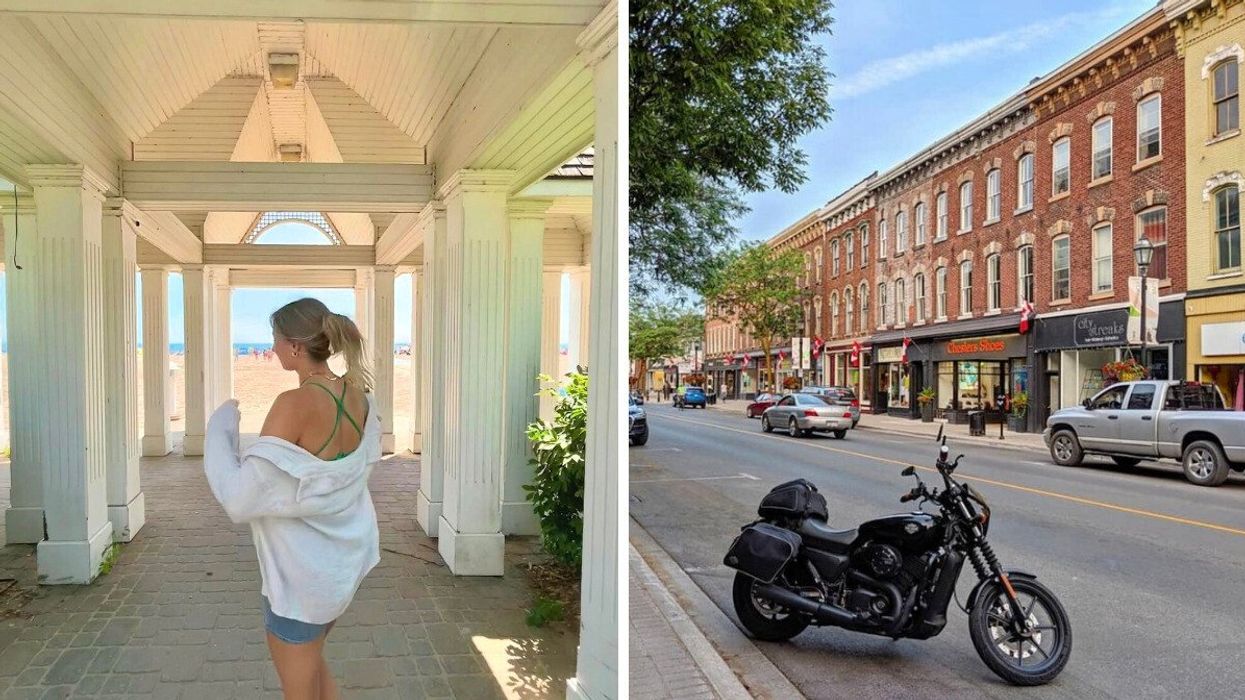 A person standing in a pavillion by a beach. Right: A historic main street.