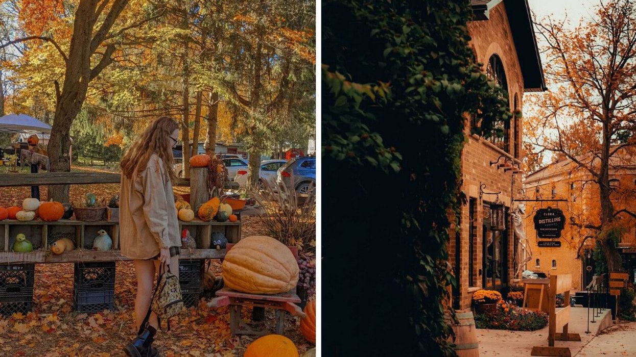 A person standing in a pumpkin patch. Right: A town during autumn.