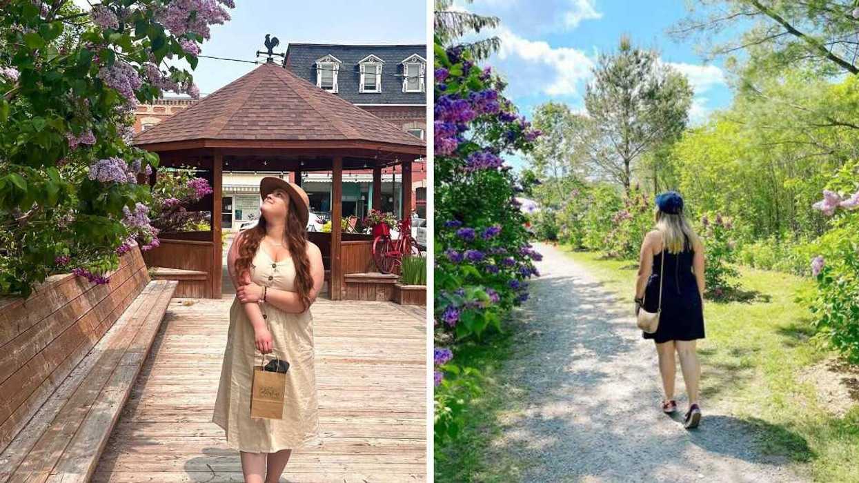 A person standing in a small town. Right: A person walking down a trail.