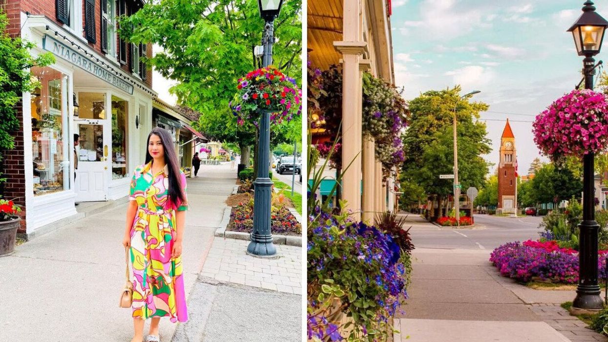 A person standing in a small town. Right: A street with flowers and historic buildings.