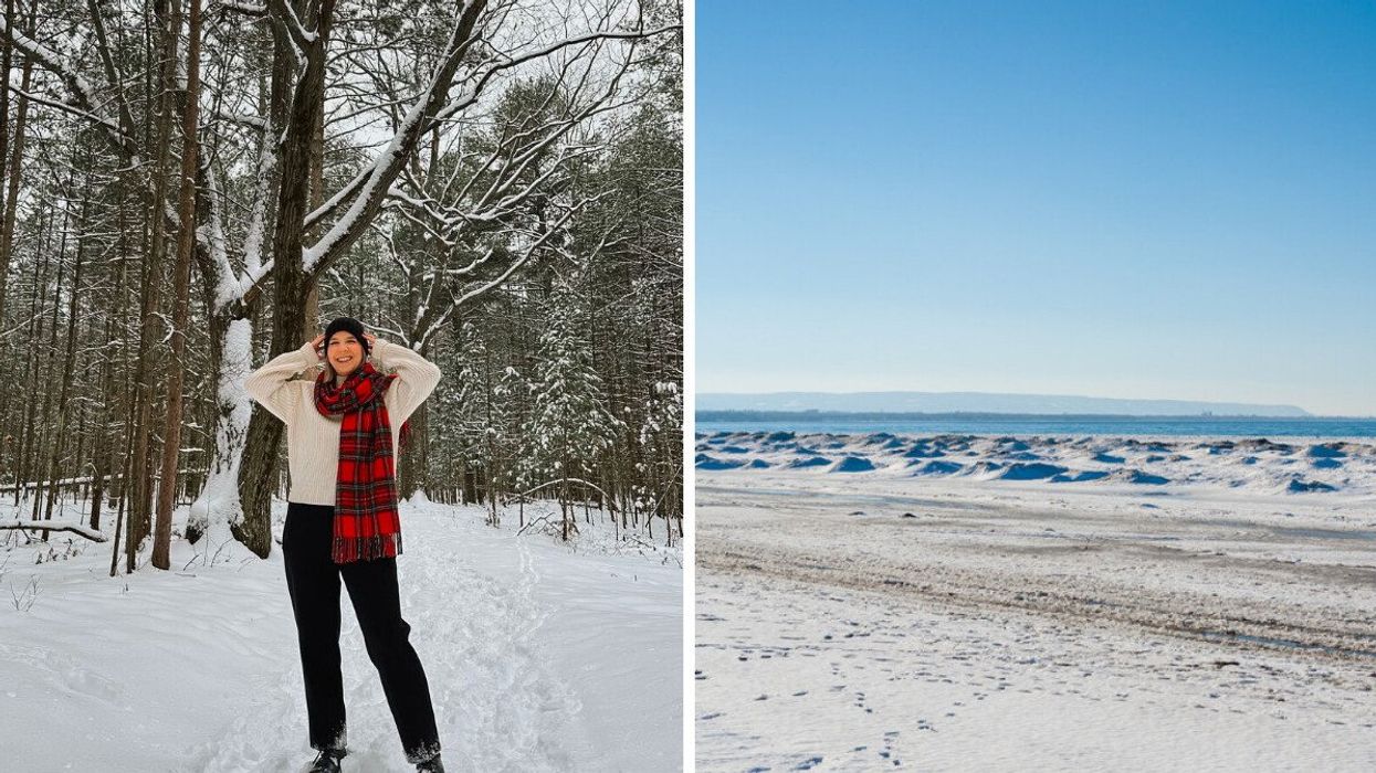 A person standing in a snowy forest. Right: Ice formations on a lake.