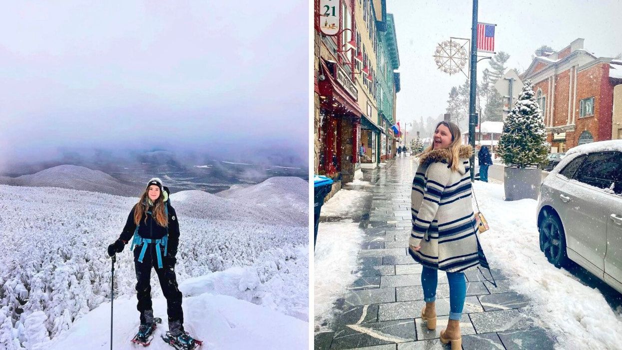 A person standing in a snowy landscape. Right: A person walking down a street in the winter.