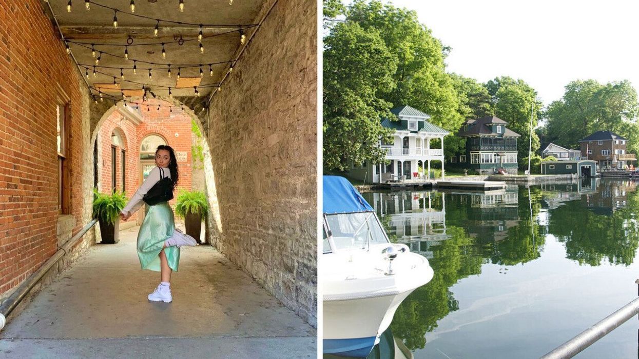 A person standing in a stone alleyway. Right: Houses along a waterfront.