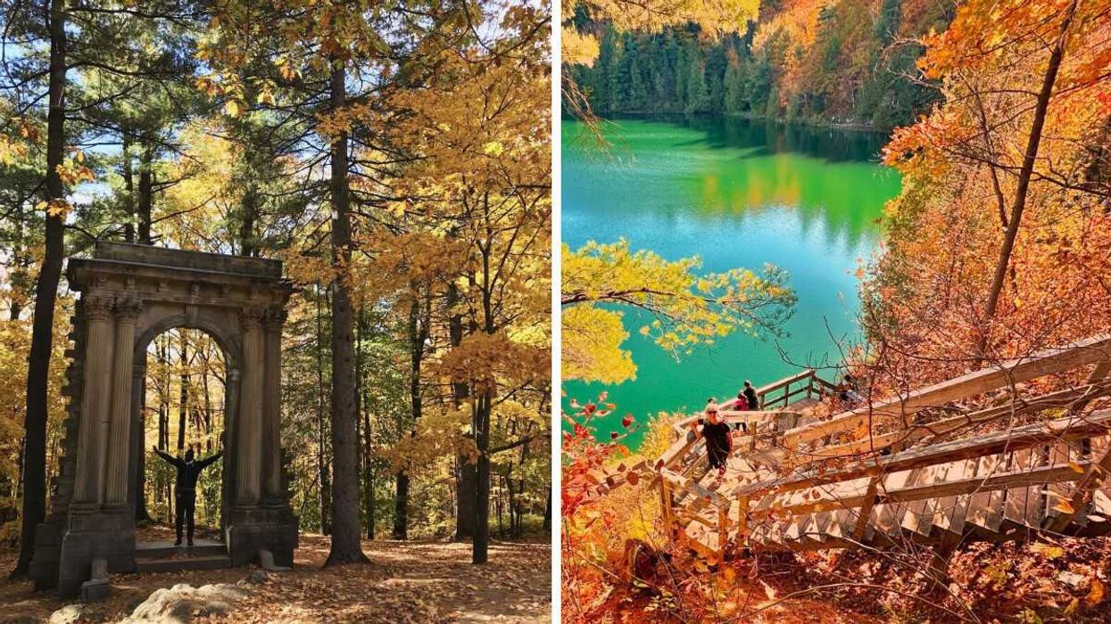 A person standing in a stone archway. Right: A person standing on stairs by a lake.