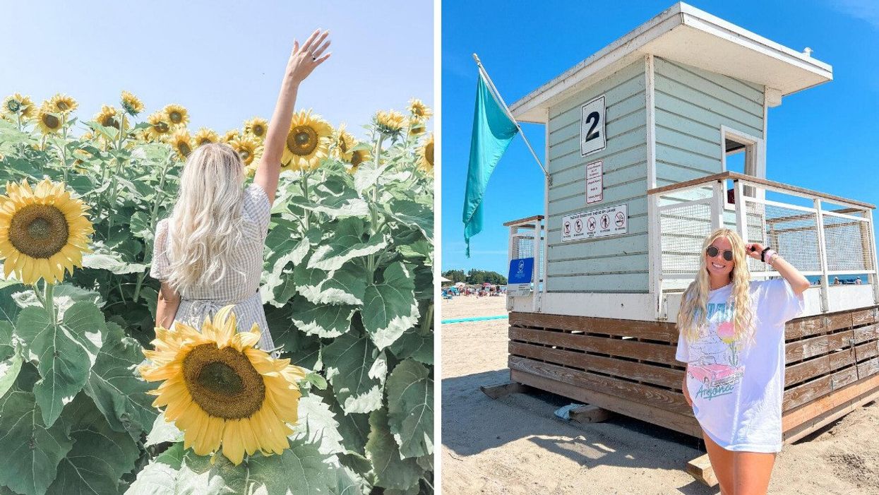A person standing in a sunflower field. Right: A person standing by a lifeguard station.