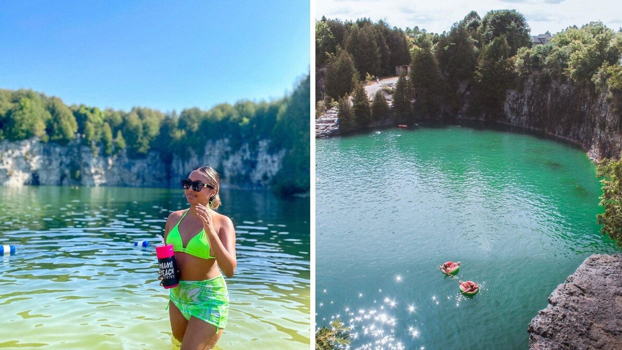 A person standing in a swimming hole. Right: Two people floating in a swimming hole.