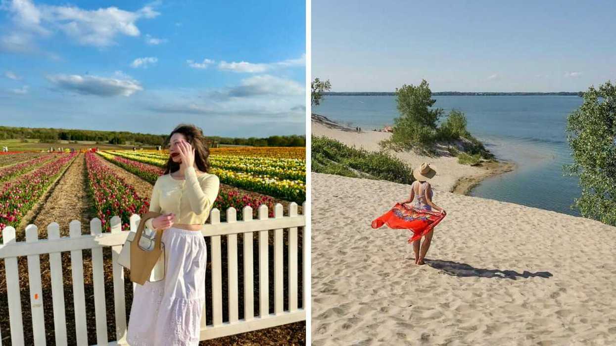 A person standing in a tulip field. Right: A person standing on a beach.