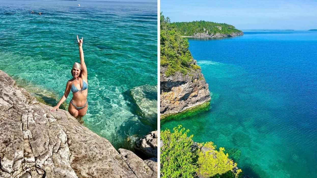 A person standing in clear waters. Right: Turquoise water along a rocky shoreline.