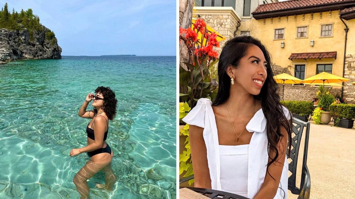 A person standing in crystal-clear water. Right: A person sitting on a patio.