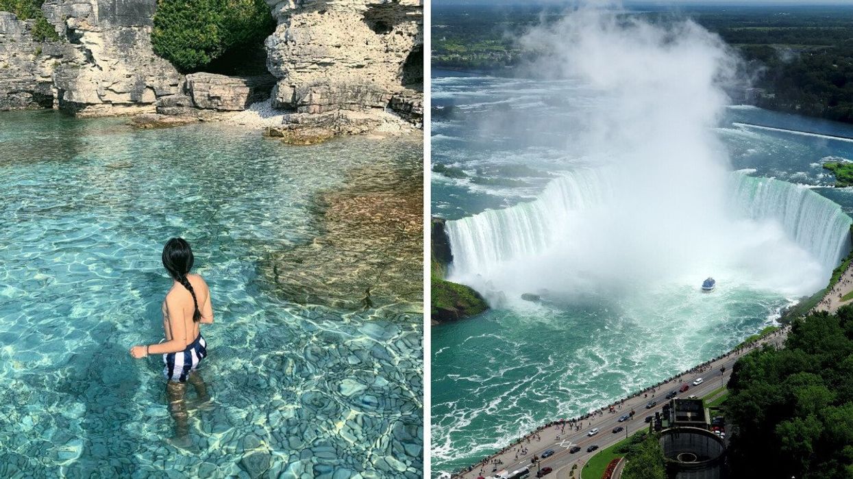 A person standing in crystal-clear water. Right: An aerial view of a waterfall.