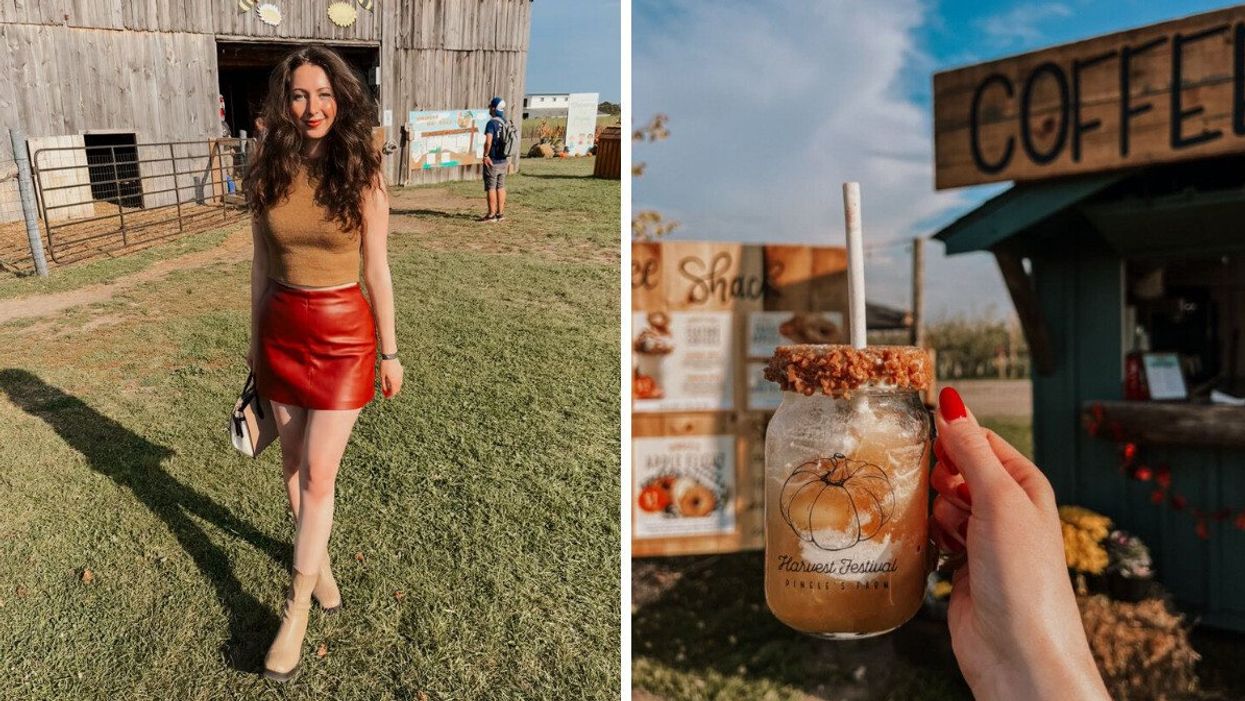 A person standing in front of a barn. Right: A hand holding a mug of cider.