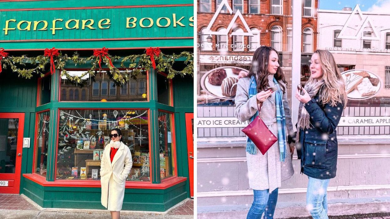 A person standing in front of a book shop. Right: Two people standing in front of a chocolate store.