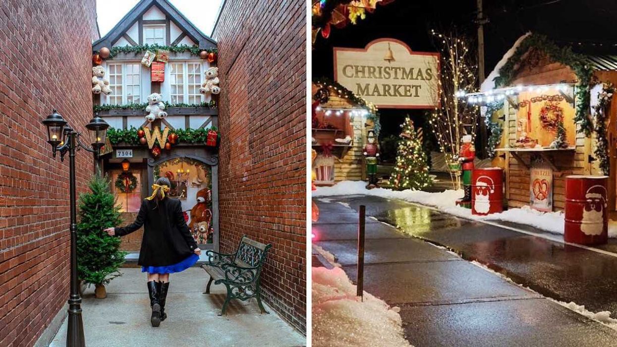 A person standing in front of a building. Right: A Christmas market.