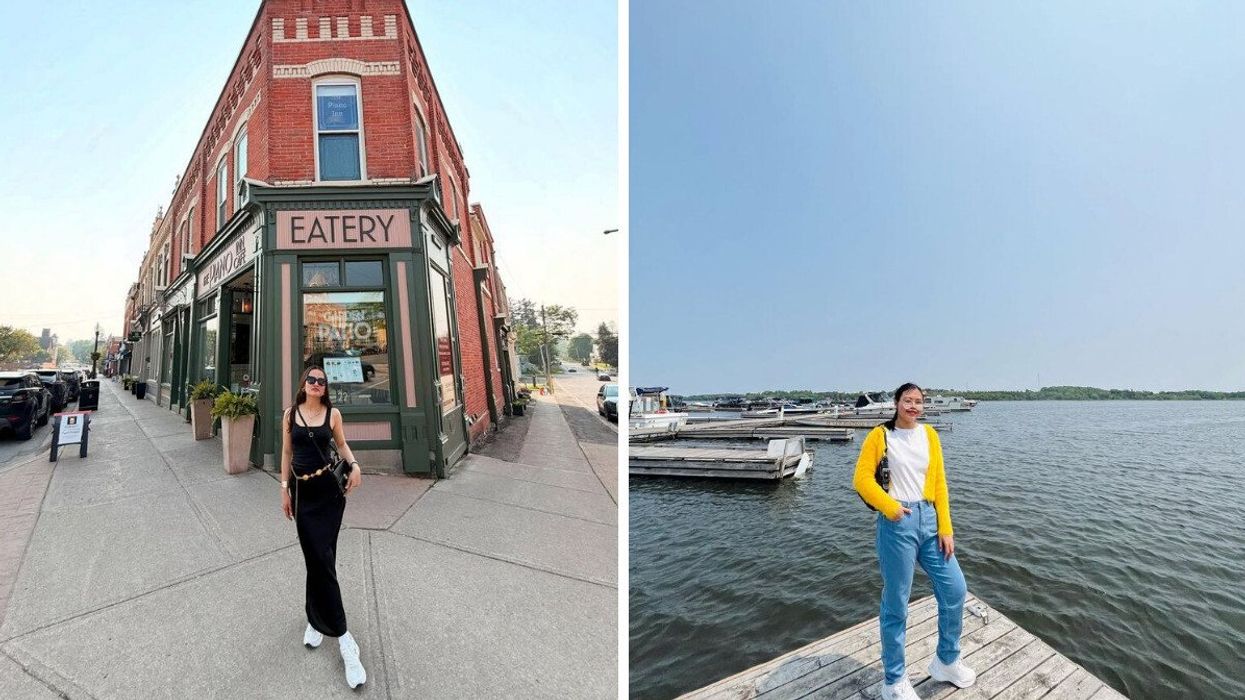 A person standing in front of a building. Right: A person standing by a lake.