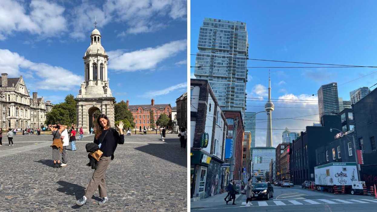 A person standing in front of a charming building in Dublin. Right: Downtown Toronto, with buildings, people, and the CN Tower in view.