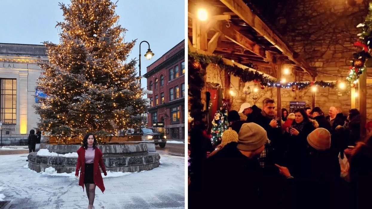 A person standing in front of a Christmas tree. Right: A Christmas market.