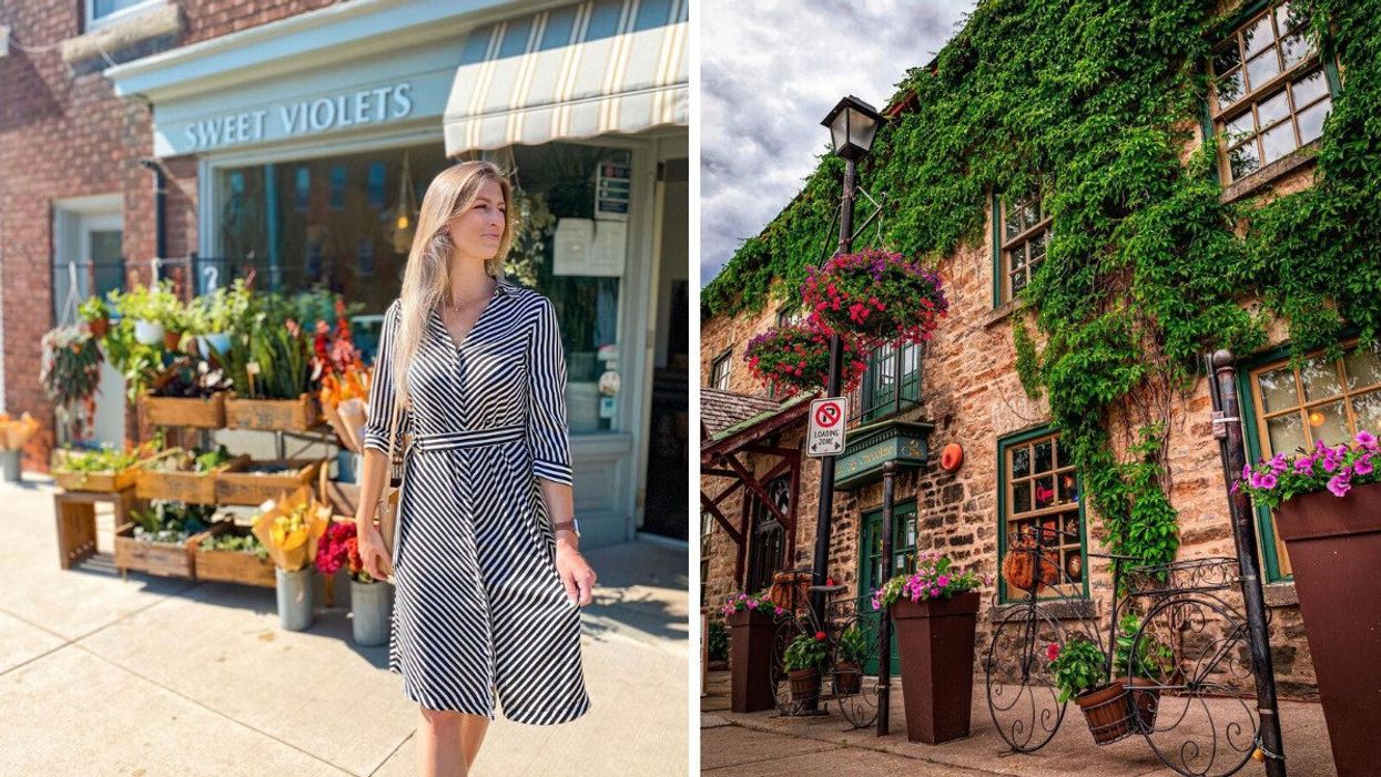 A person standing in front of a flower shop. Right: A stone building with ivy.