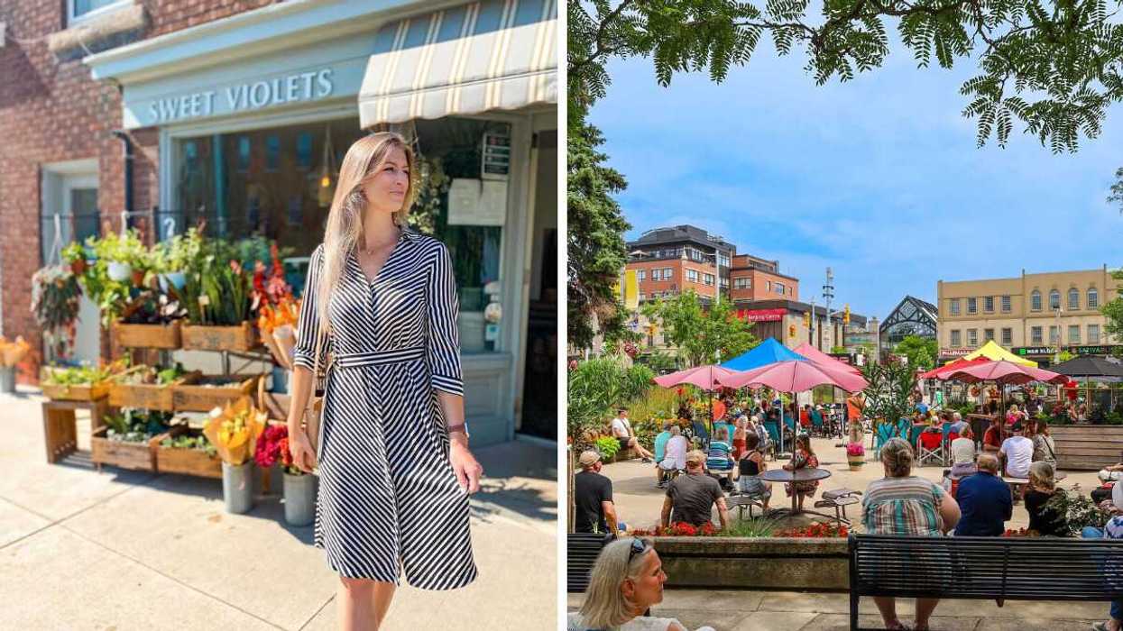 A person standing in front of a flower shop. Right: A town square.