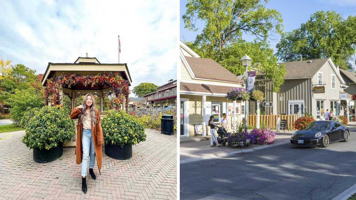 A person standing in front of a gazebo. RIght: A small town.