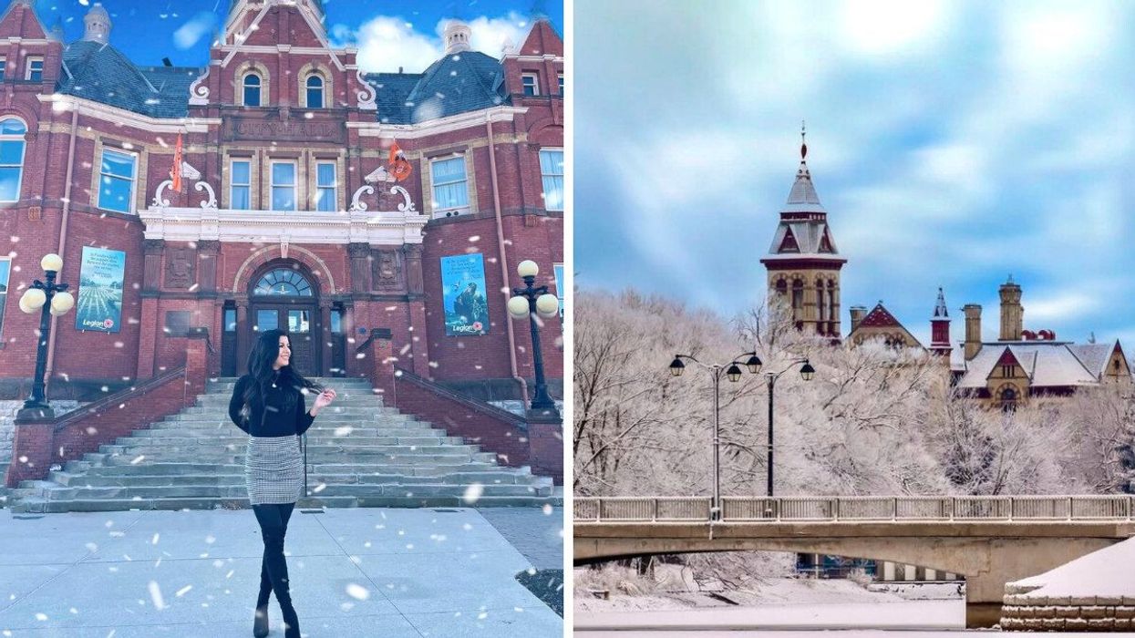 A person standing in front of a historic building. Right: A building during the winter.