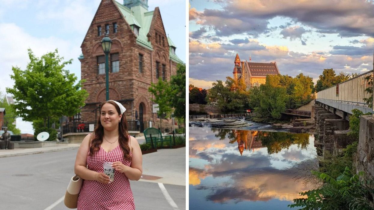 A person standing in front of a historic building. Right: A river and stone bridge.