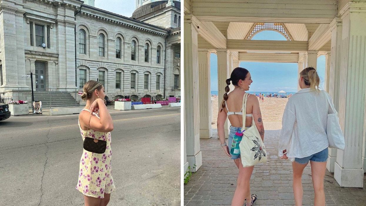 A person standing in front of a historic building. Right: Two people walking to a beach.