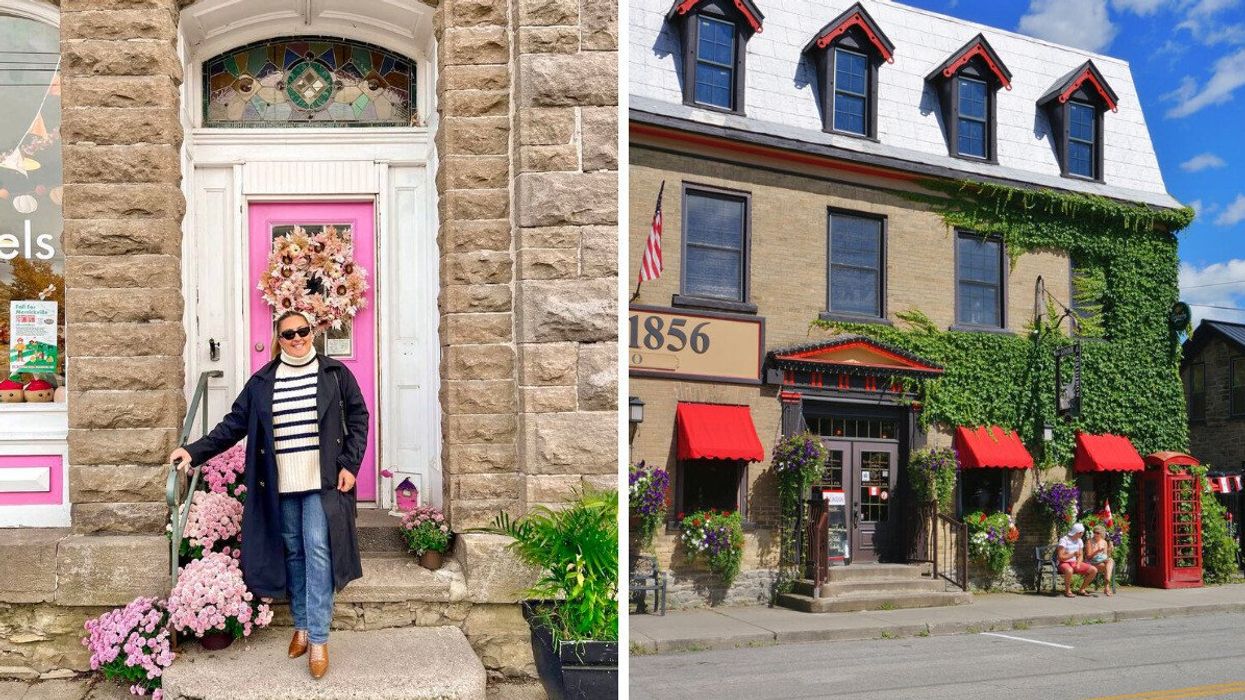 A person standing in front of a pink door. Right: A historic building.