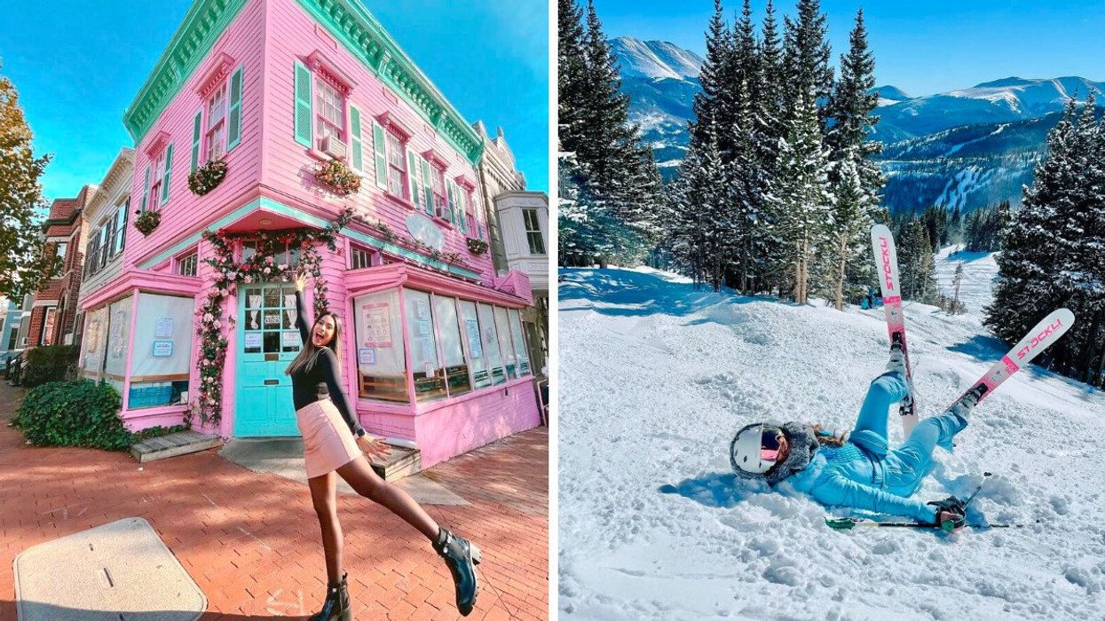 A person standing in front of a pink store. Right: A person wearing skis on a snowy hill.