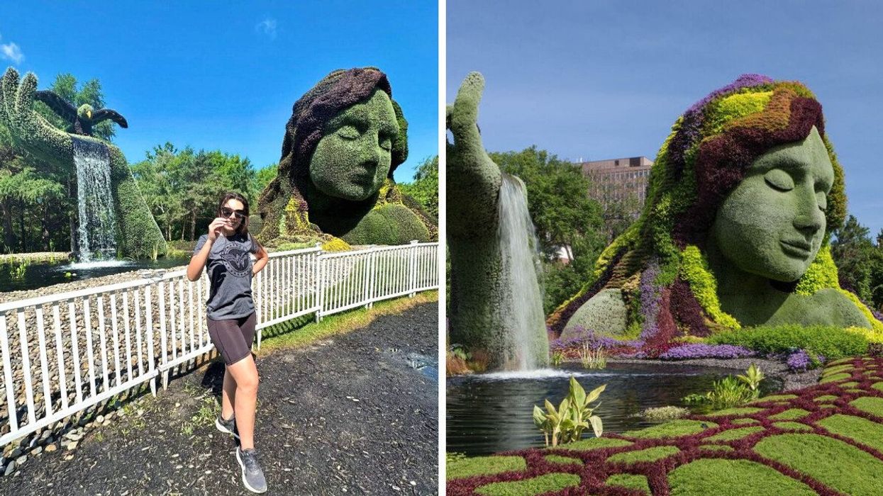 A person standing in front of a plant sculpture. Right: A sculpture made of flowers.