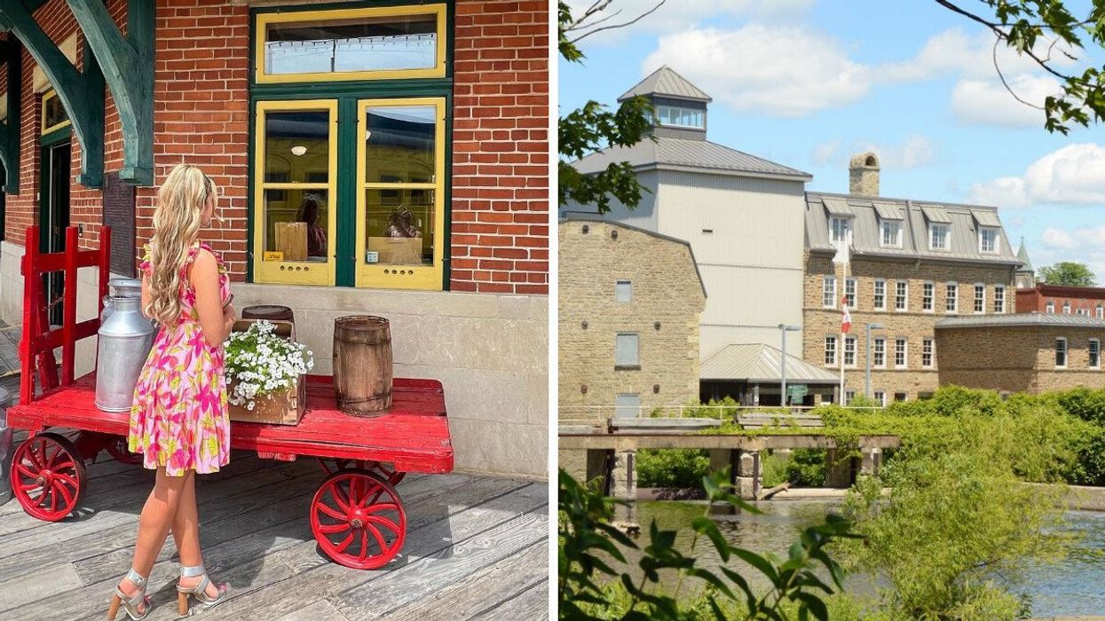 A person standing in front of a red cart. Right: A historic town along a canal.
