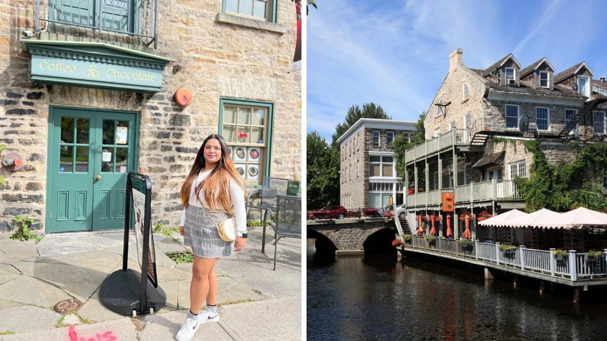 A person standing in front of a stone building. Right: A historic building on a river.