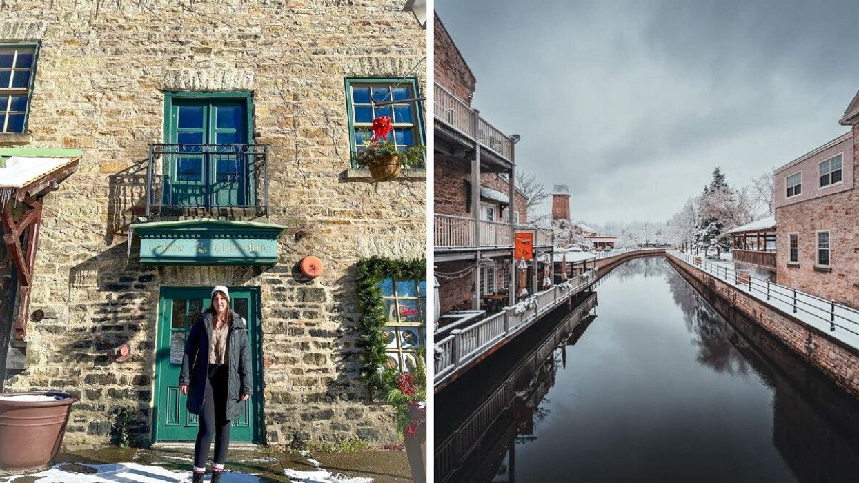 A person standing in front of a stone building. Right: A snowy canal lined with shops.