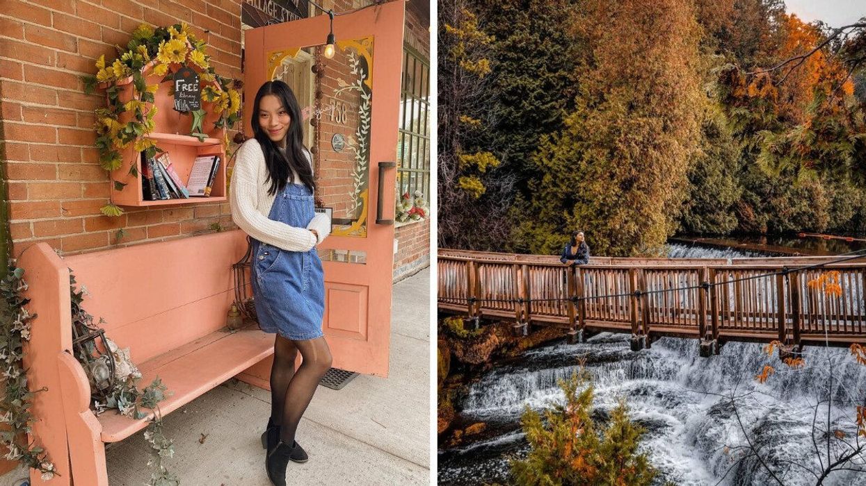 A person standing in front of a store. Right: A person standing on a bridge over a waterfall.