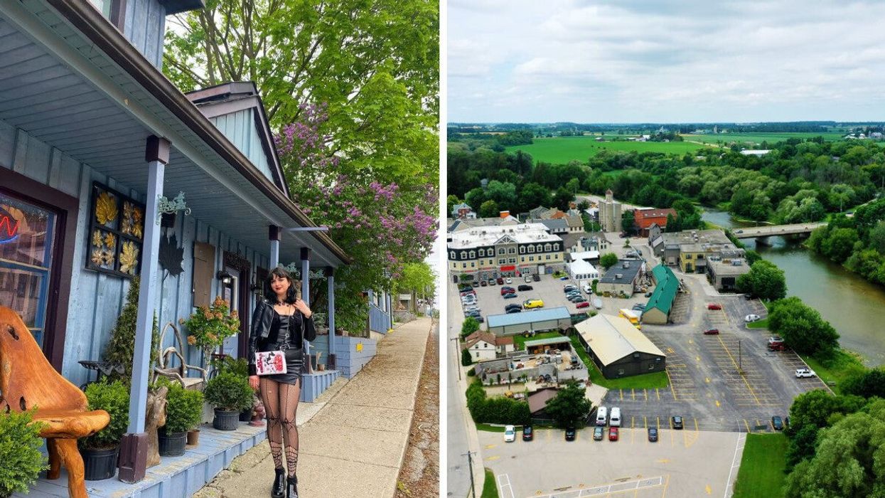 A person standing in front of a store. Right: An aerial view of a town.