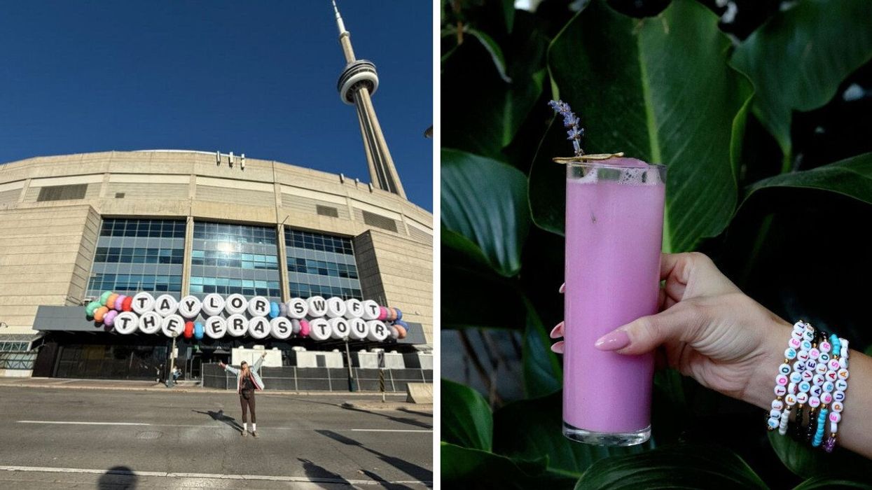 A person standing in front of a Taylor Swift sign. Right: A hand holding a purple drink.